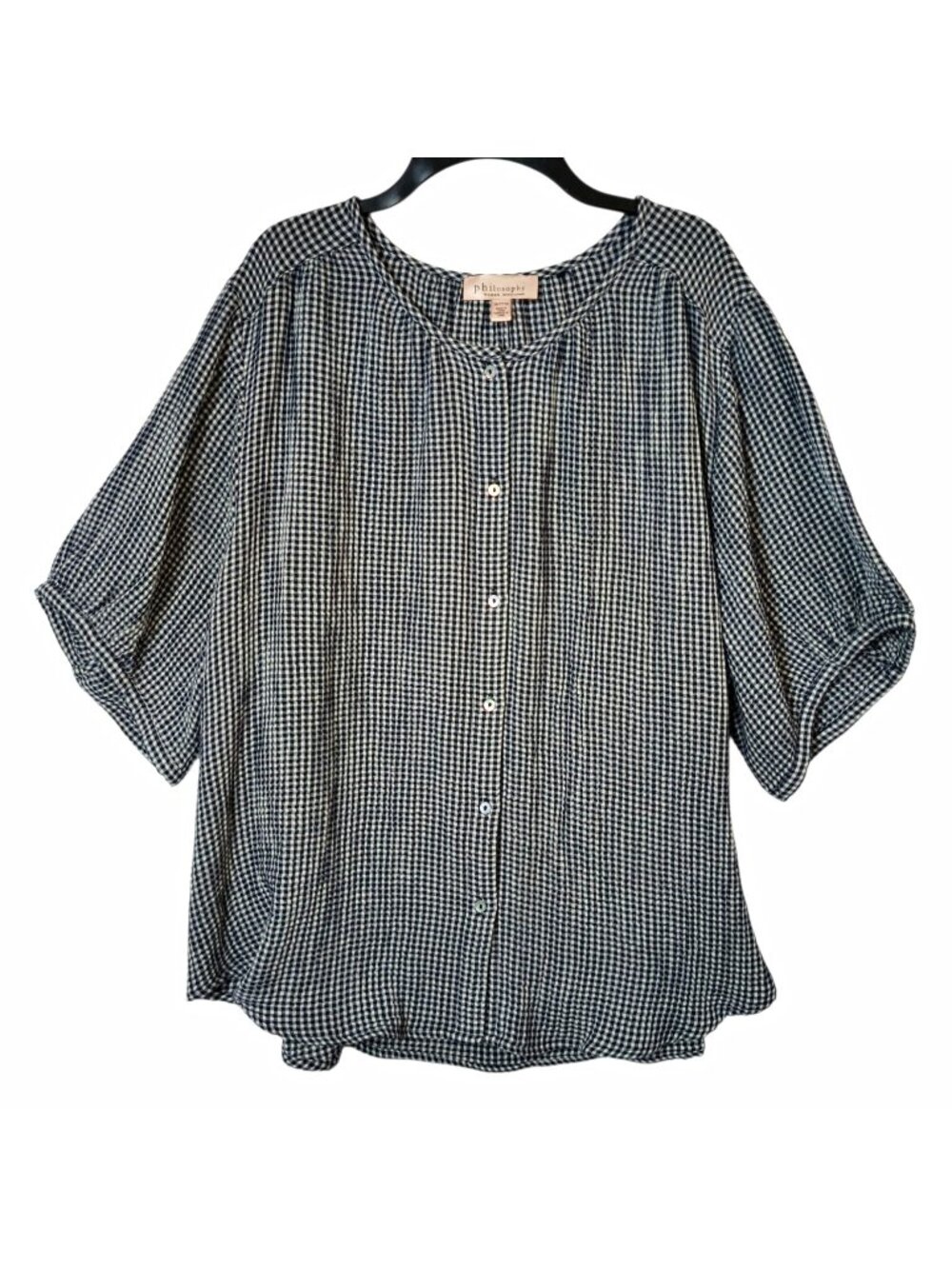 Philosophy Republic Clothing Womens 3X Navy White Gingham Button Front Blouse
